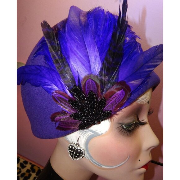 Vintage Mr. Charles Purple Wool Bucket Hat w/ Feathers church hat Kentucky Derby - Picture 6 of 11